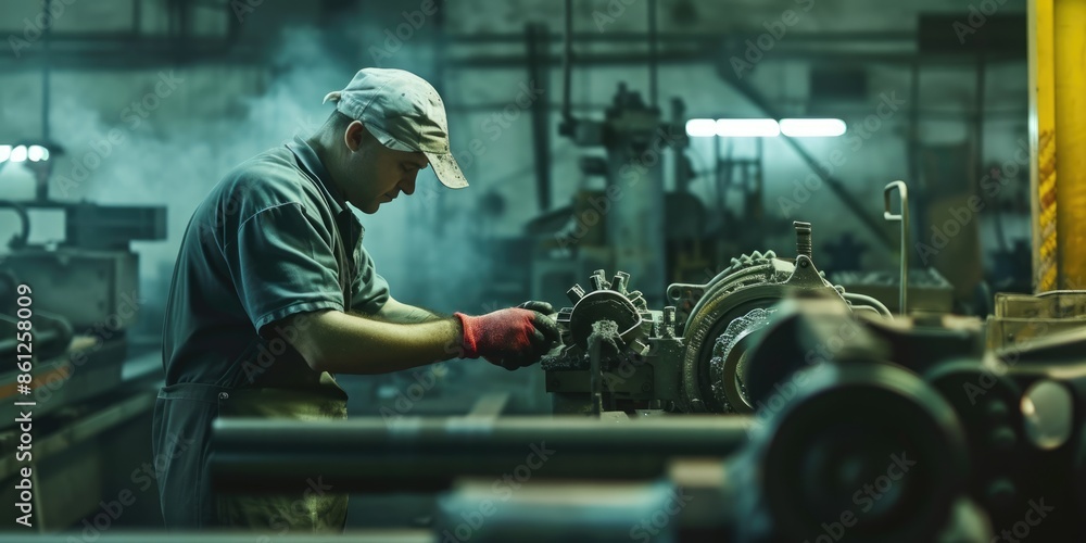 Poster smart engineer checking iron machine in factory while wearing safety helmet. professional industrial