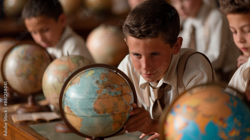 Poster 'students in a geography class using globes and maps, teacher explaining geographical concepts'