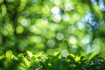 Fototapeta premium Blur background green park garden nature bright sunny forest. Blurry outdoor park in spring time glowing shinny day template with sunlight bokeh. Abstract blurred background banner copy space.