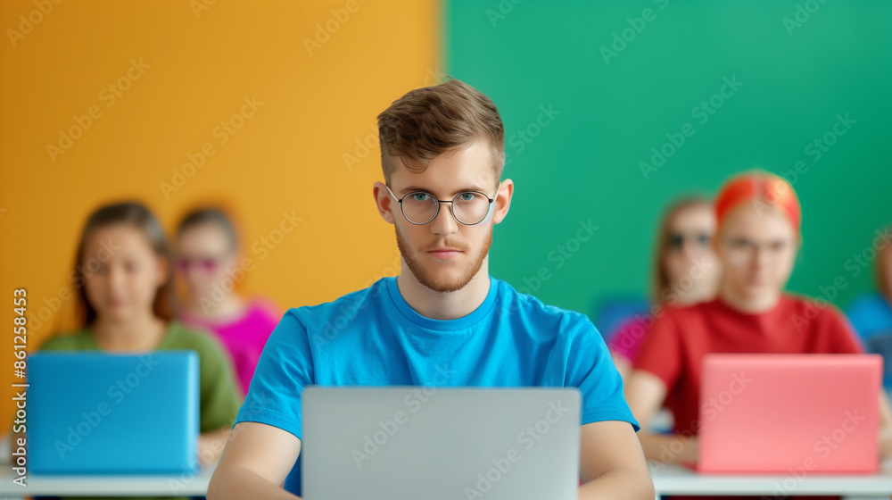 Poster 'students sitting at desks with laptops open, engaged in a coding exercise, colorful and modern clas