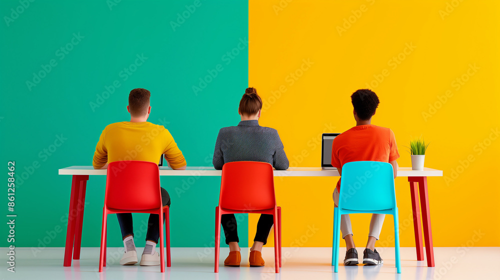 Poster 'students sitting at desks with laptops open, engaged in a coding exercise, colorful and modern clas