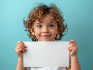 Four-year-old boy smiles and holds blank white paper sheet. Happy child on blue background with copy space for message, mock up