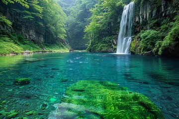 Beautiful landscape, waterfall in a mountain lake, hidden in the forest