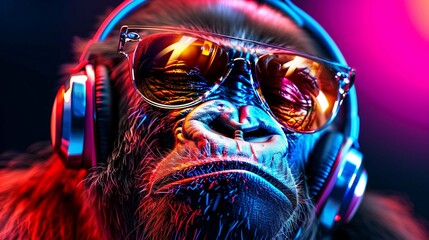 a fictional gorilla in sunglasses and headphones listens to music with pleasure