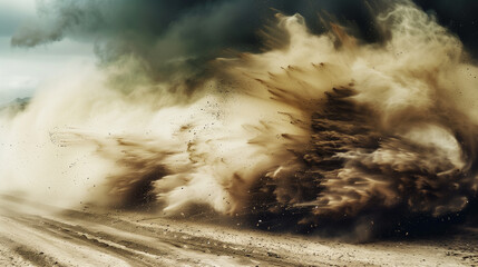 Dynamic cloud of dust and sand, capturing the intense motion and texture of a desert storm or a dirt road. Backgrounds depicting speed, movement of a vehicle stirring up the earth.