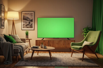 Shot of a TV with Horizontal Green Screen Mock Up. Cozy Evening Living Room with a Chair and Lamps Turned On at Home.