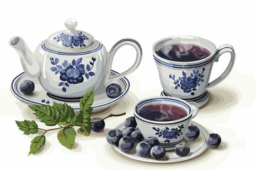 Elegant Teapot and Cup Set with Black and Blueberry Infused Hot Tea