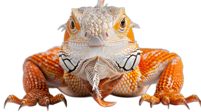 A close up photograph of a bearded dragon lizard with a white beard, orange scales, and sharp claws on a transparent background