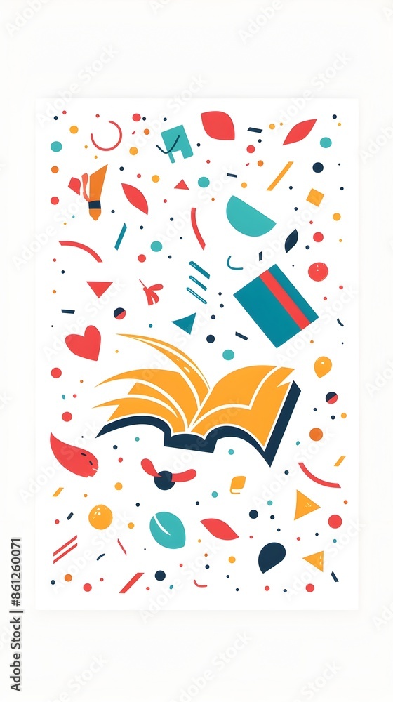 Poster colorful animated open book surrounded by playful graphic elements for motion graphics or design
