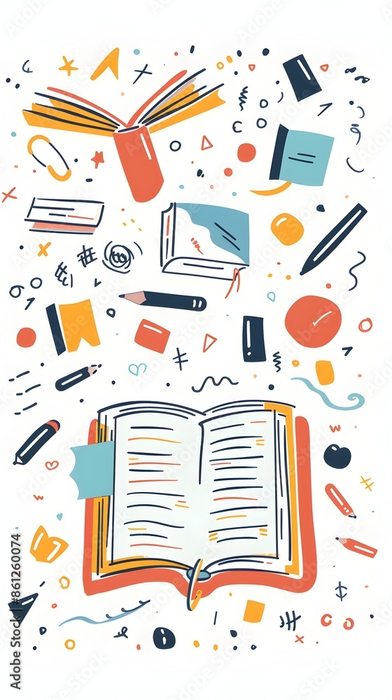 Poster vibrant open book surrounded by animated graphic elements for motion graphics design