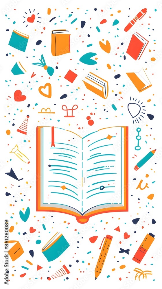 Poster vibrant open book surrounded by playful animation elements for motion graphics design
