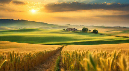 Obraz premium Beautiful sunset in the field landscape