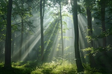 Sunlight filtering through trees in forest with green grass