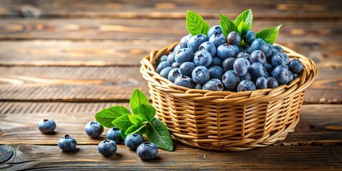 Woven basket filled with fresh blueberries on wooden table , Blueberries, fruit, basket, woven, table, farm, harvest, natural