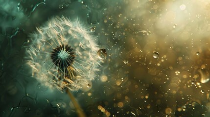 Soft and focused dandelions with clear morning dew drops and soft, hazy sunlight in the background. The picture has a peaceful and serene mood