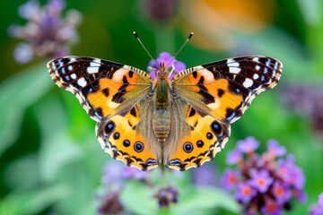 Naklejka premium Beautiful orange butterfly rests among the foliage of a garden