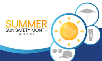 Obraz premium Summer sun safety month is observed every year in August, celebrated to aware about some of the damaging effects of ultraviolet (UV) exposure, and tips to help protect people during the summer months.
