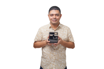 Portrait of photographer with vintage camera on neutral background. Photographer concept. Portrait concept. Copy space.