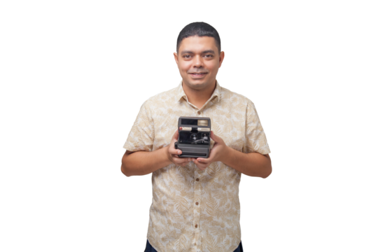 Portrait of photographer with vintage camera on neutral background. Photographer concept. Portrait concept. Copy space.