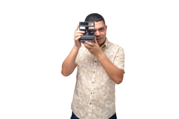 Portrait of photographer with vintage camera on neutral background. Photographer concept. Portrait concept. Copy space.