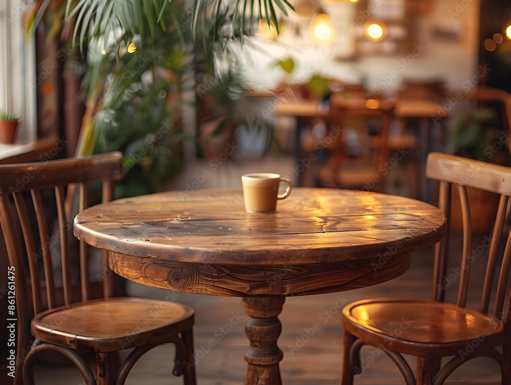 Poster cozy caf setting with empty wooden table for product display