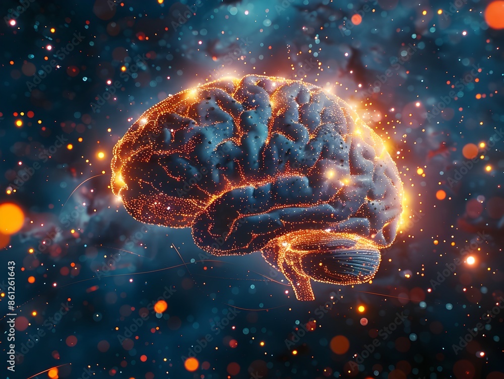 Poster glowing mosaic brain depicting neural connectivity and cognitive processes
