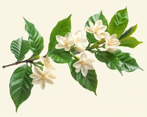 Obraz premium Coffea arabica flowering branch, close-up of white blossoms and green leaves, isolated, minimalist style