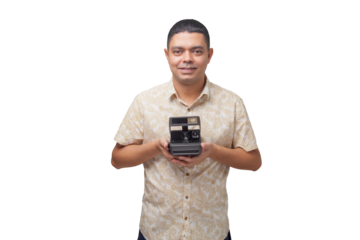 Portrait of photographer with vintage camera on neutral background. Photographer concept. Portrait concept. Copy space.
