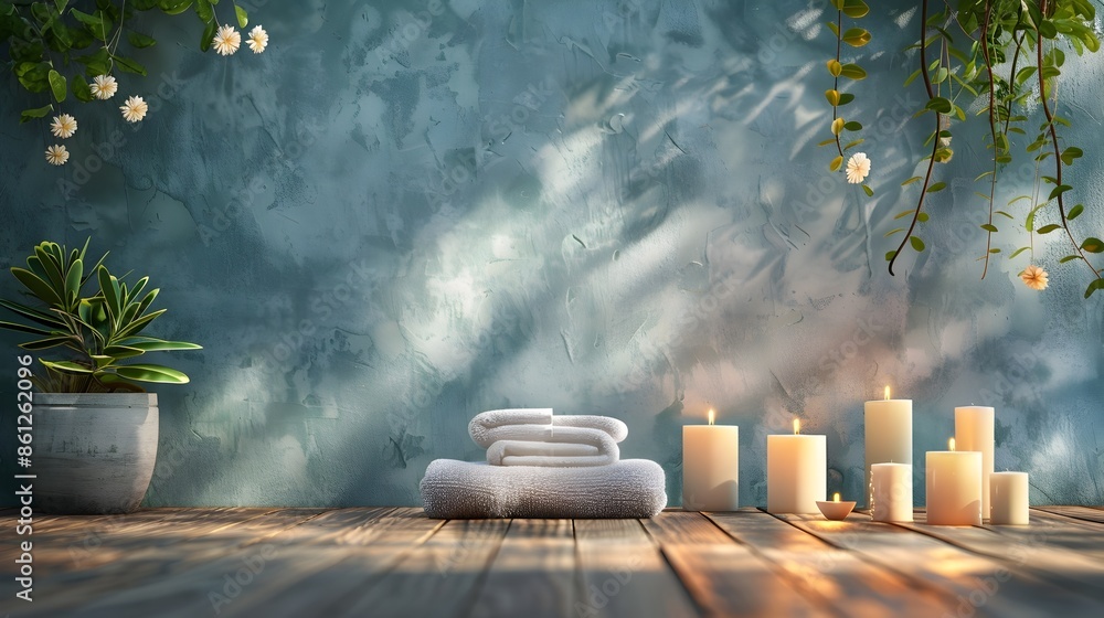 Poster empty table in serene spa environment surrounded by candles and towels ideal for displaying wellness
