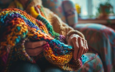 Obraz premium Knitting, featuring someone knitting a colorful scarf, in a comfortable chair selective focus, handcrafted art, vibrant, overlay, living room backdrop