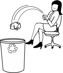 Office woman throws paper into the trash to relieve boredom from work.