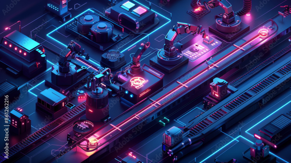 Poster high-tech robotic assembly line with vibrant neon lights, illustrating automation and advanced manuf