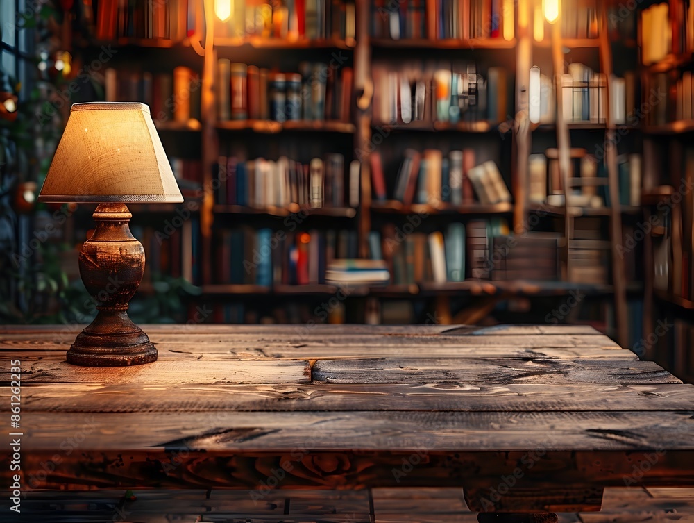 Poster cozy wooden table with soft lamp in warm library setting perfect for displaying stationery or produc