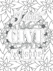 Coffee Quotes Flower Coloring Page Beautiful black and white illustration for adult coloring book