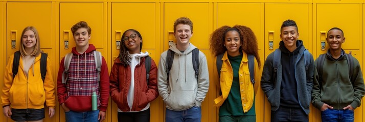 A group of cheerful and diverse schoolchildren standing and smiling in front of bright yellow lockers, displaying happiness and camaraderie.