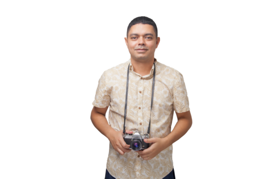 Portrait of photographer with vintage camera on neutral background. Photographer concept. Portrait concept. Copy space.