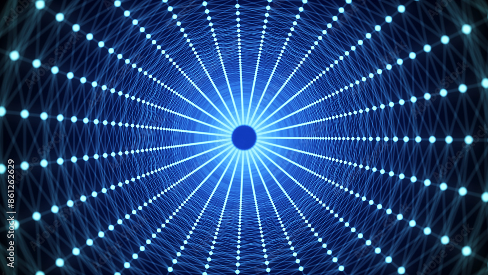 Poster Abstract 3d portal. Circle tunnel or wormhole. Digital background with connected blue dots and lines. 3D rendering.