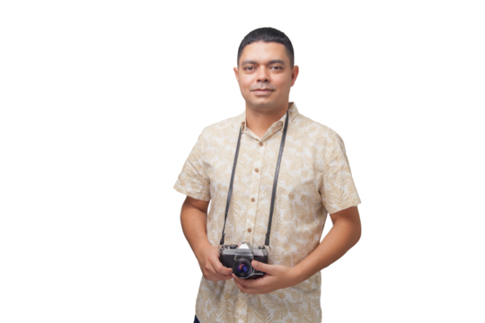 Portrait of photographer with vintage camera on neutral background. Photographer concept. Portrait concept. Copy space.