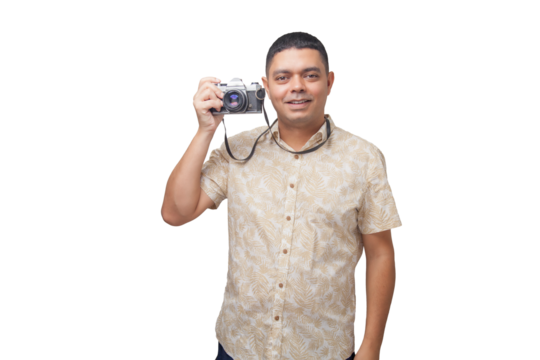Portrait of photographer with vintage camera on neutral background. Photographer concept. Portrait concept. Copy space.