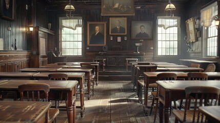 Fototapeta premium selective soft and blur focus.old wooden row lecture chairs in classroom in poor school.study room without student.concept for education