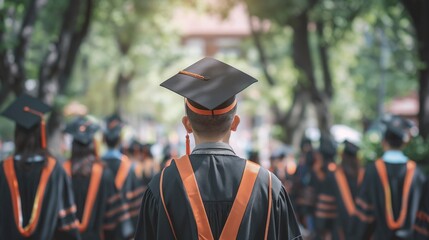 Rear view of university graduates wearing graduation gown and cap on commencement day, celebrating academic achievement.