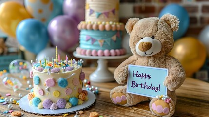 Birthday Celebration With Cake and Teddy Bear