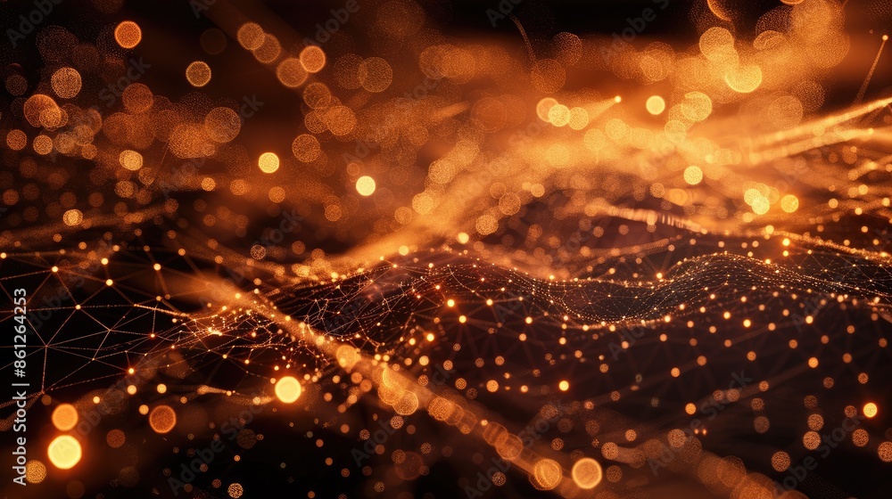 Aufkleber abstract glowing orange particles on a dark wave surface. digital 3d rendering of orange blurring li