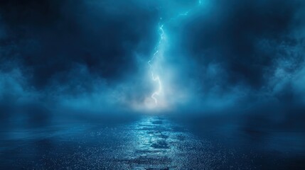 Obraz premium Dark empty dramatic background. Night dark sky in a blue neon glow, wet asphalt. Background of an empty night street, smoke, smog.