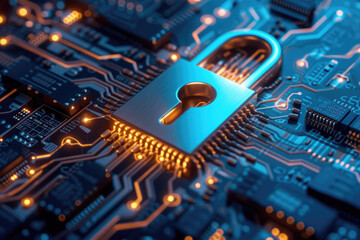Cybersecurity in the business world, featuring a lock symbolizing data protection and online security. Technology encryption, secure network system safety concept with padlock and glowing electronics