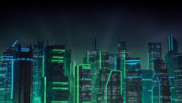 Sci-fi Cityscape with Green and Blue Neon lights. Night scene with Futuristic Skyscrapers.