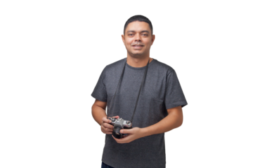 Portrait of photographer with vintage camera on neutral background. Photographer concept. Portrait concept. Copy space.