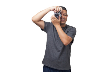 Portrait of photographer with vintage camera on neutral background. Photographer concept. Portrait...