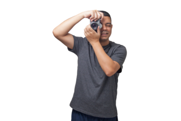 Portrait of photographer with vintage camera on neutral background. Photographer concept. Portrait concept. Copy space.