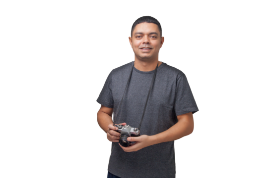 Portrait of photographer with vintage camera on neutral background. Photographer concept. Portrait concept. Copy space.